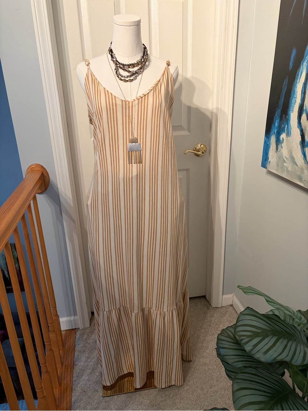 Primark Beige and White Striped Maxi Slip Dress